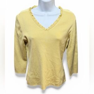 Vintage Ann Taylor Chartreuse Yellow Green Knit Ruffle V Neck Swearer